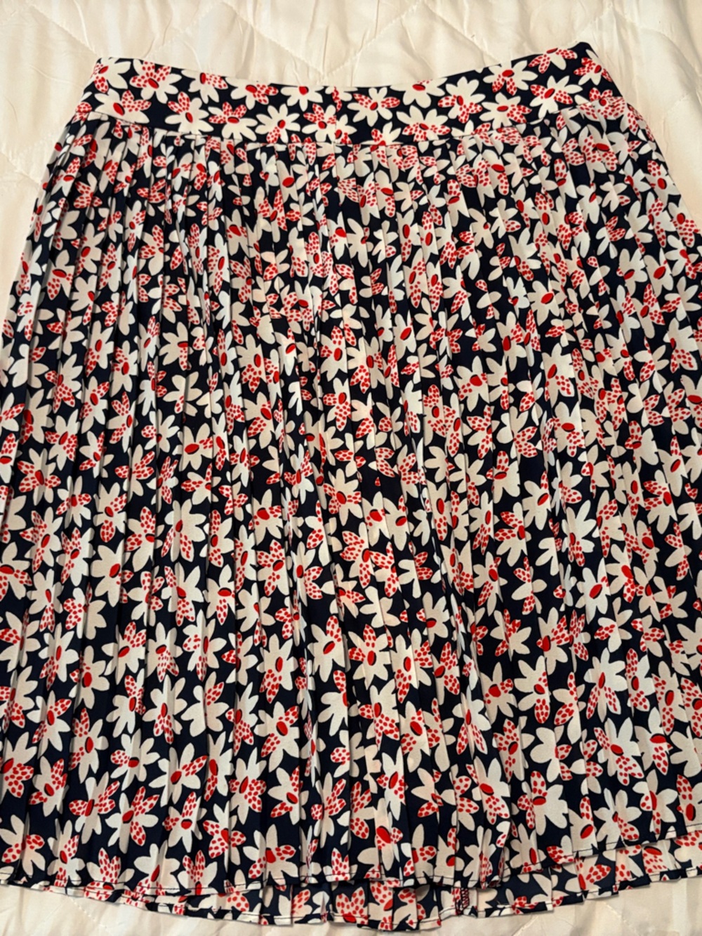 J. Crew Navy Pleated Skirt with White & Red Floral Print